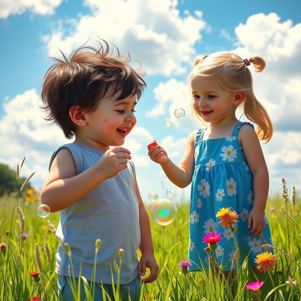 Whimsical Summer Play in a Lush Meadow