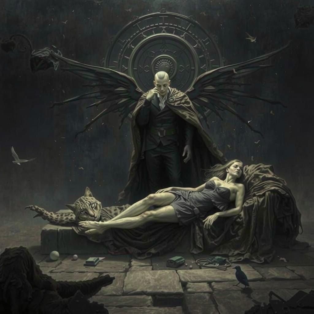 Gothic Recumbent Figure Adorned with Dark Angelic Guardians