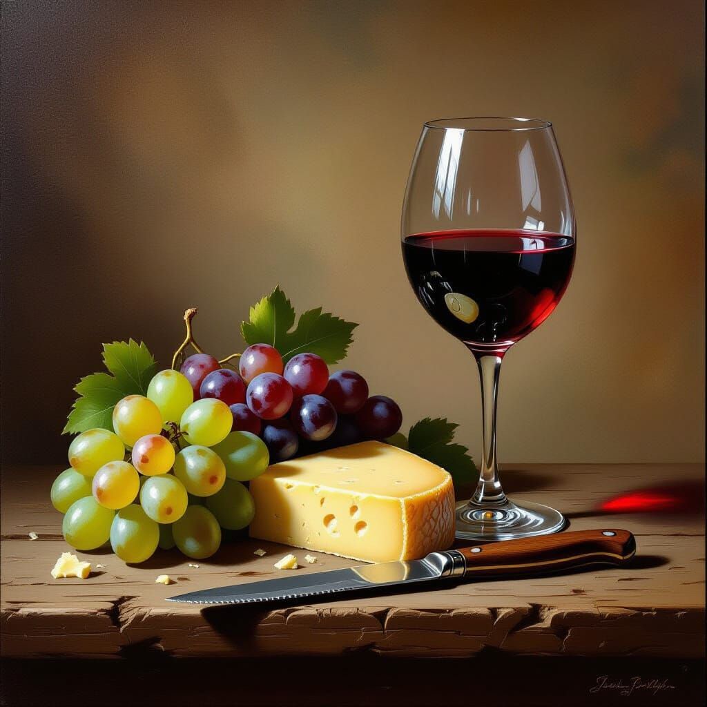 Aged Cheddar Cheese, Grapes, and Wine Still Life