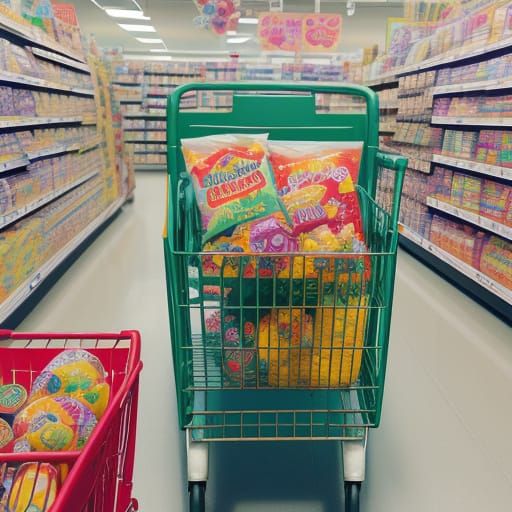 Whimsical Shopping Cart in a Sugary Wonderland