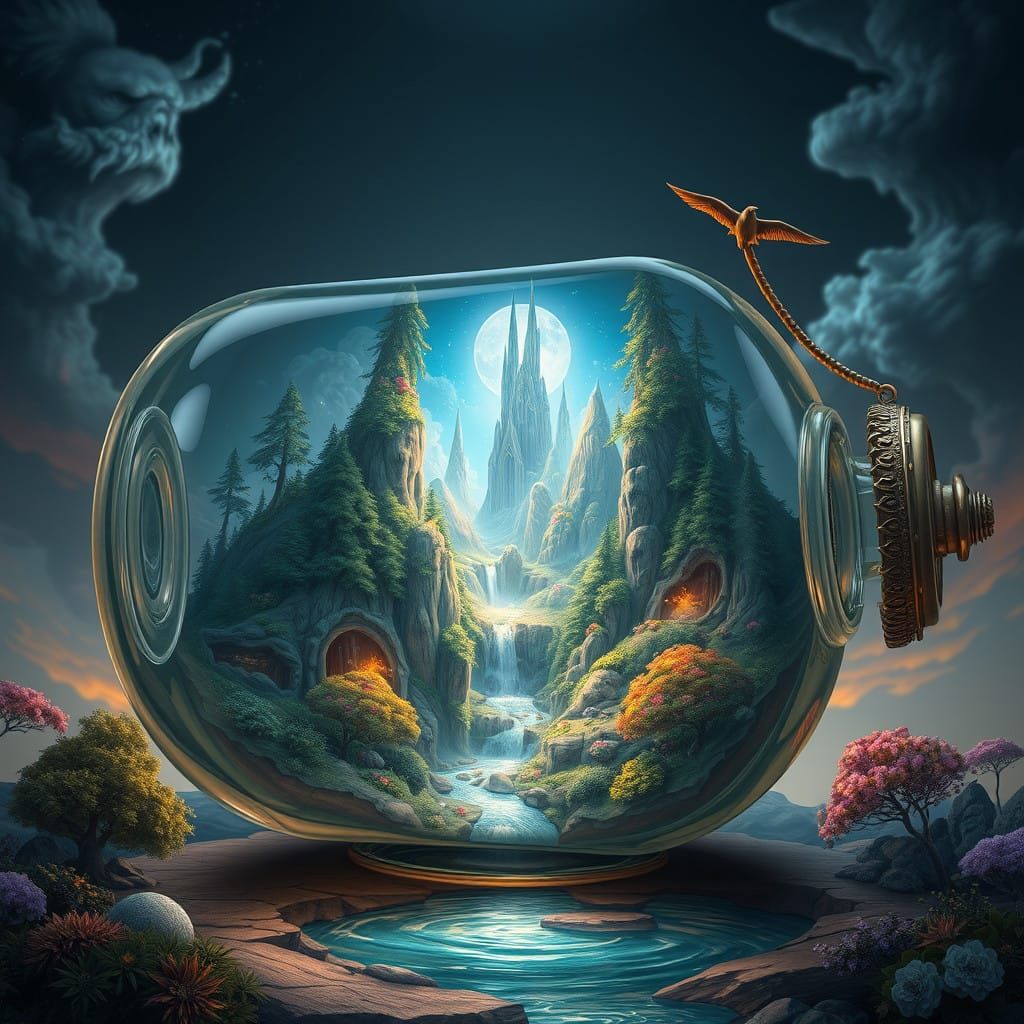 Victorian-Era Fantasy Landscape in Delicate Glass Bottle