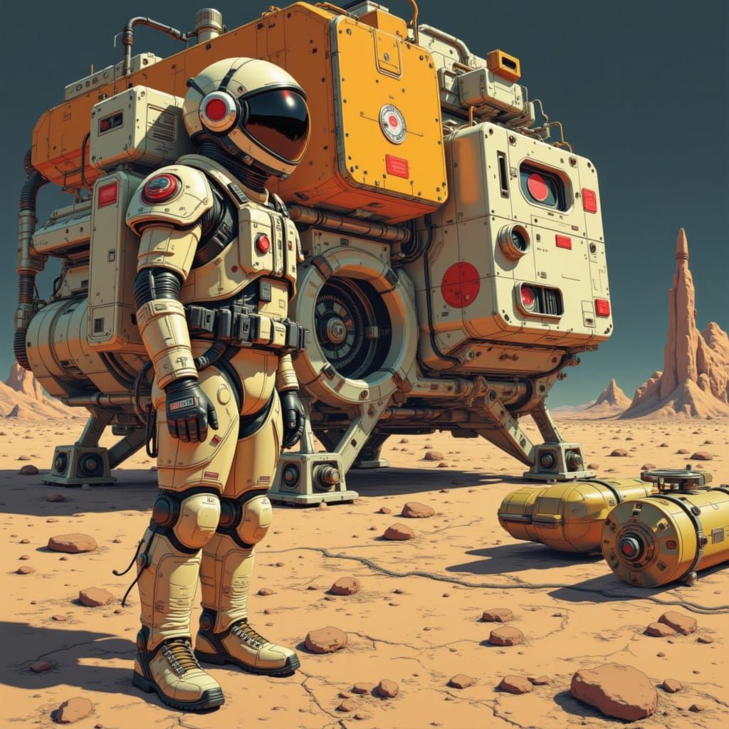 Retro-Futuristic Astronaut on Barren Moonscape