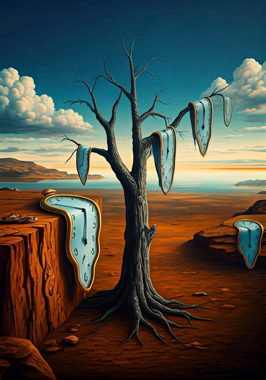 Surreal Melting Clocks on Barren Tree, Dreamlike Landscape