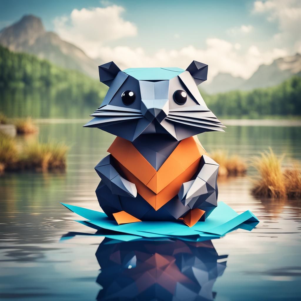 Origami Beaver with Big Eyes in River