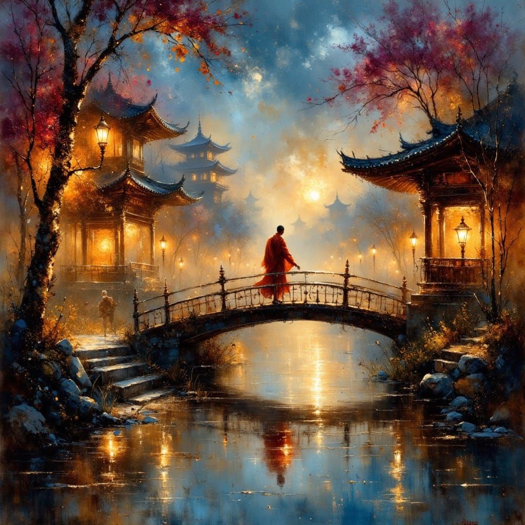 Monk Crossing Bridge at Night in Charcoal Style