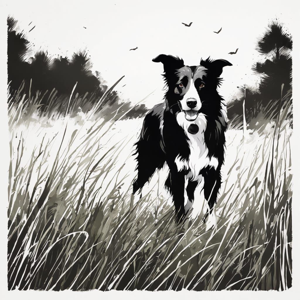 Calligraphy Sketch of Border Collie in Field