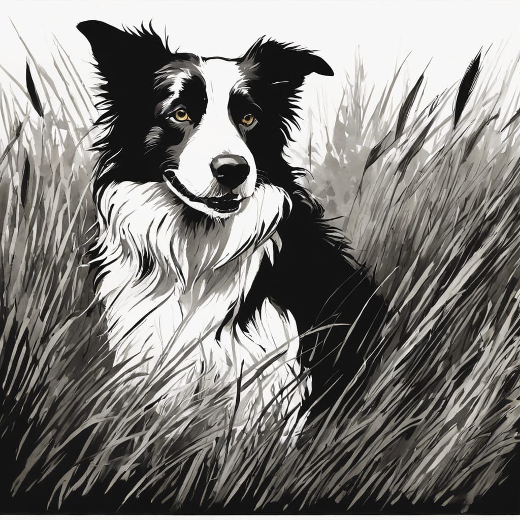 Calligraphy Sketch of Border Collie in Field
