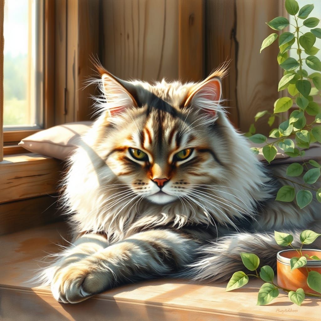 Majestic Maine Coon Cat in Whimsical Watercolor Style