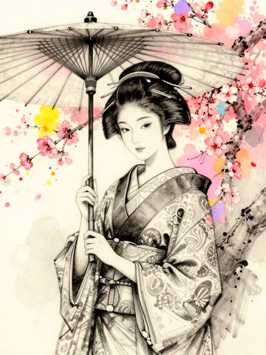 Geisha with Umbrella Amidst Cherry Blossoms in Charcoal and ...