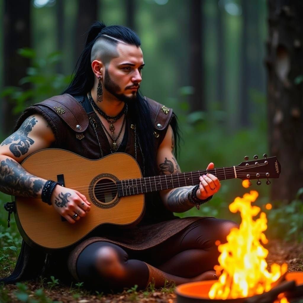 Viking Guitarist at Bonfire: Matte Artistic Painting