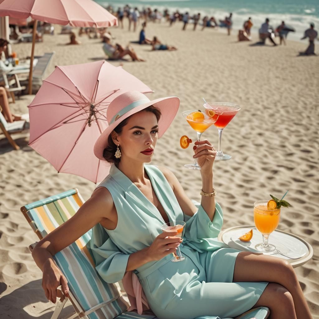 Elegant Woman Sipping Cocktail on Sunny Beach