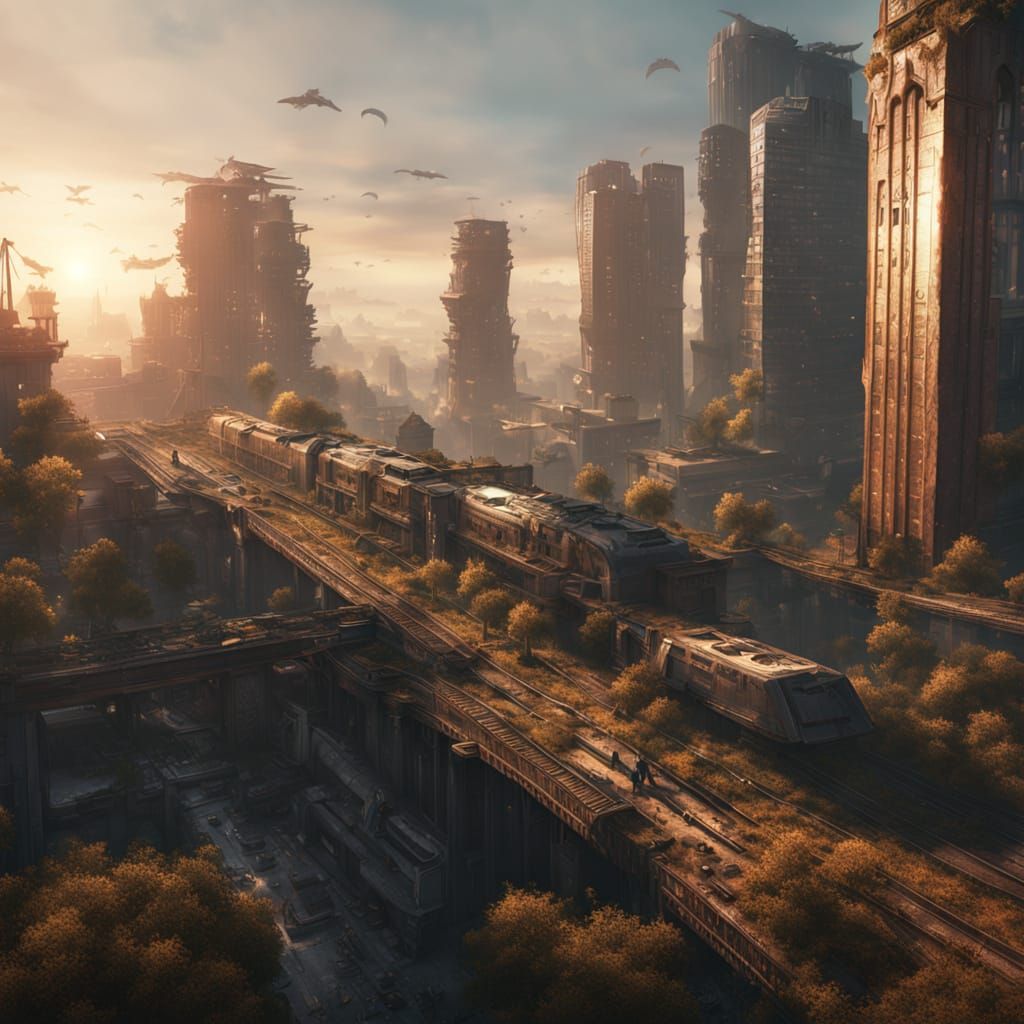 Cyberpunk Metropolis Overgrown with Nature in Futuristic 3D