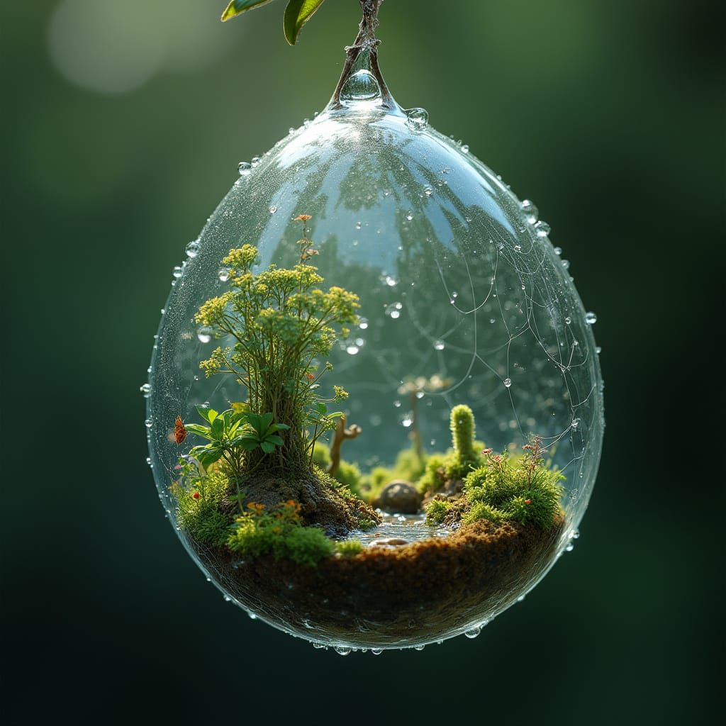 Miniature Ecosystem Reflected in Dewdrop on Web