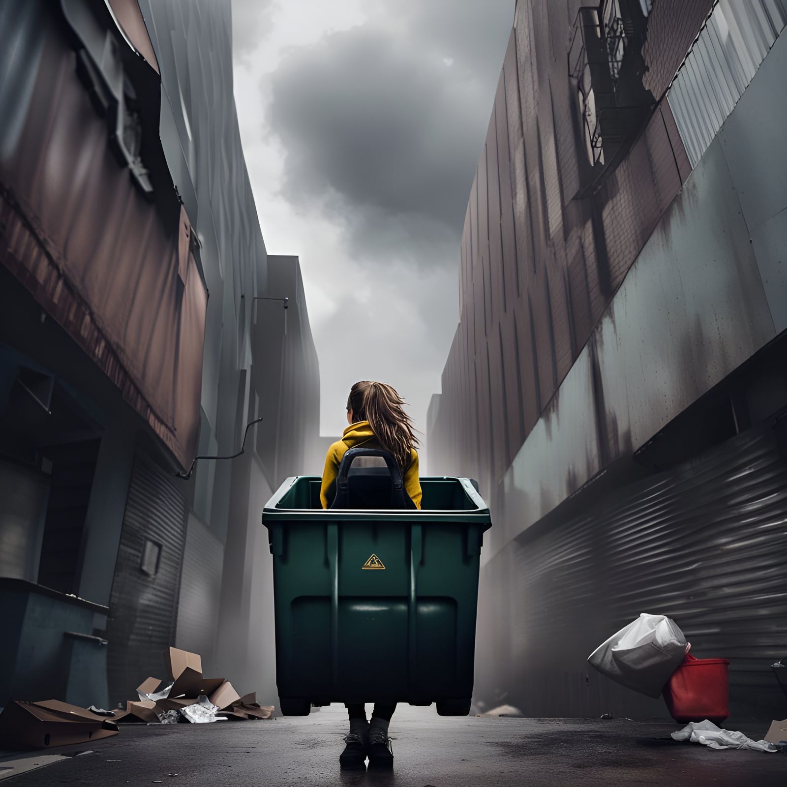 Girl Dumpster Diving in City Alleyway