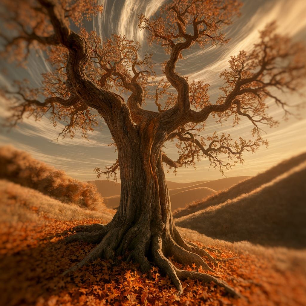 Ancient Oak Under Golden Sunset Sky