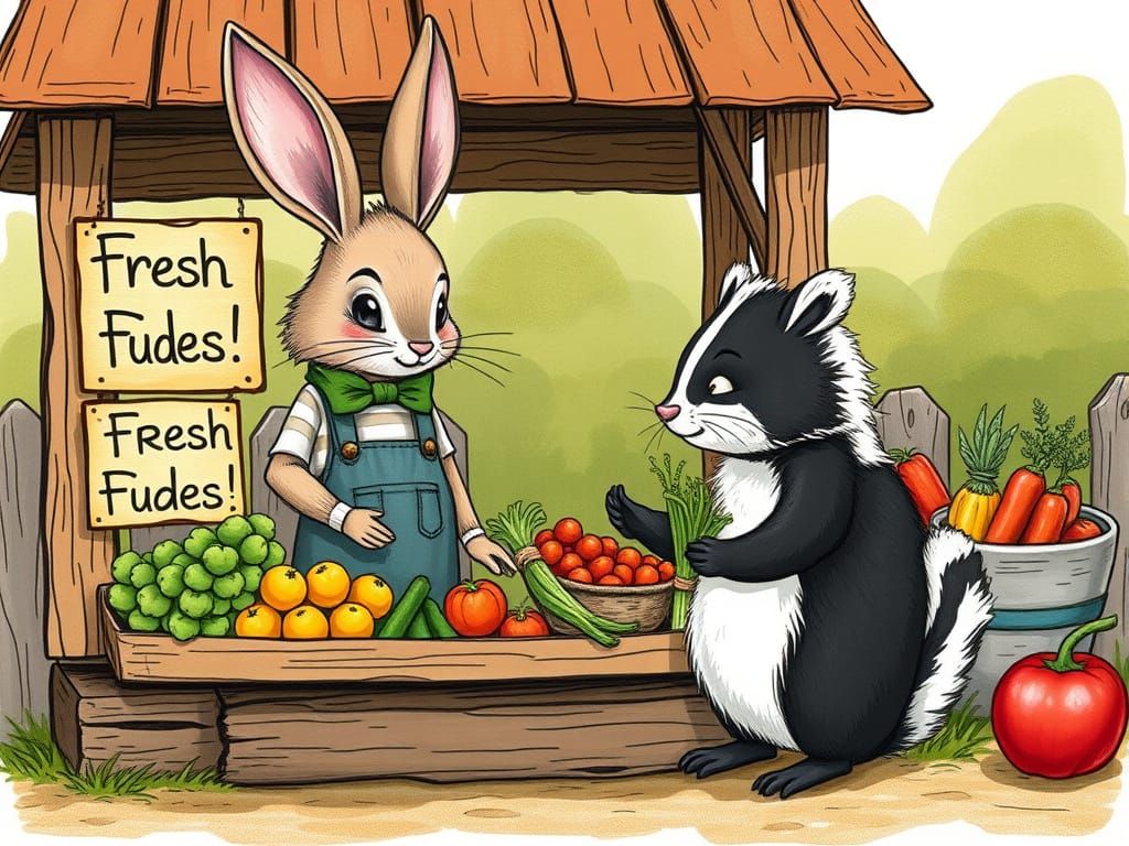 Anthropomorphic Rabbit Farmer at Veggie Stand