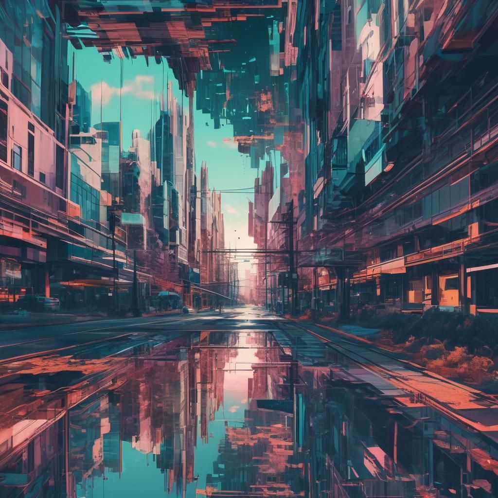 Surreal Glitch Landscape Overlaid by Dystopian Cityscape
