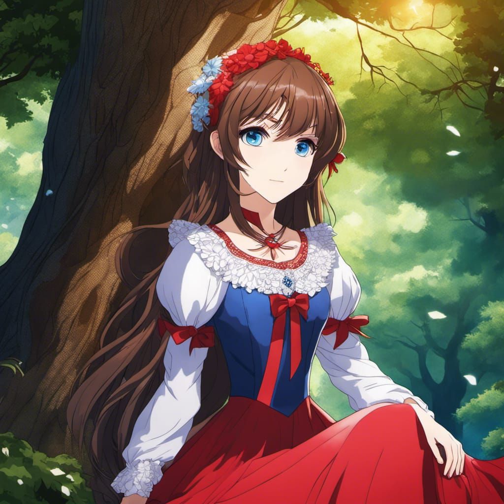 Anime Girl with Red Dress in Parkland Setting