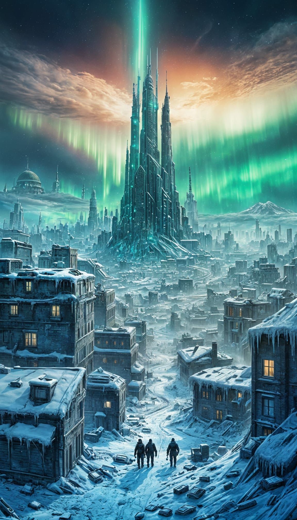 Post-Apocalyptic Winter Cityscape in a Vibrant Icy Aurora