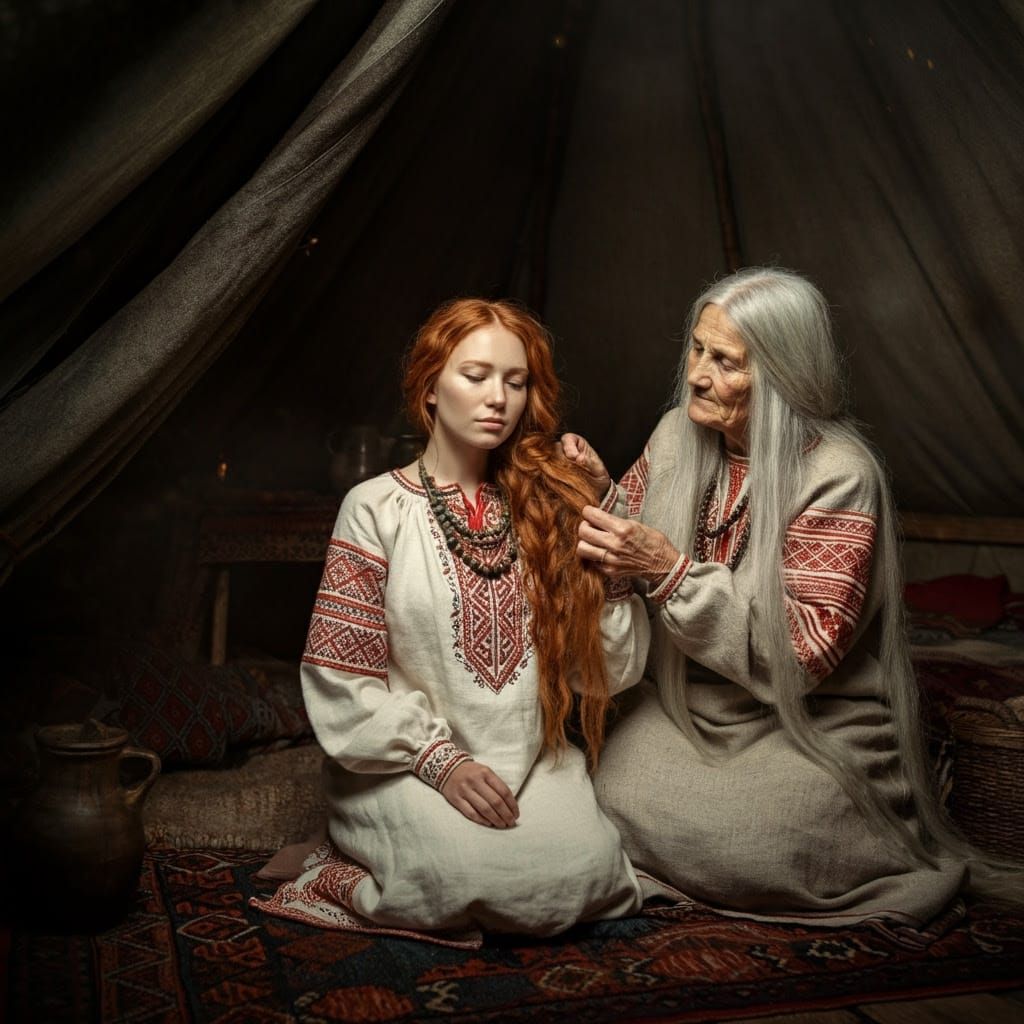 Slavic Goddesses in Ancient Tent, Folk Art Style