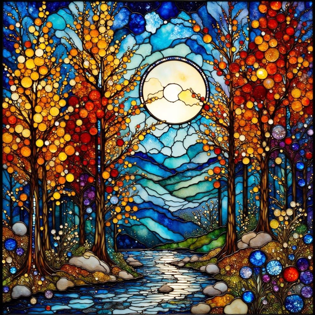 Moonlit Autumn Landscape in Stained Glass Style