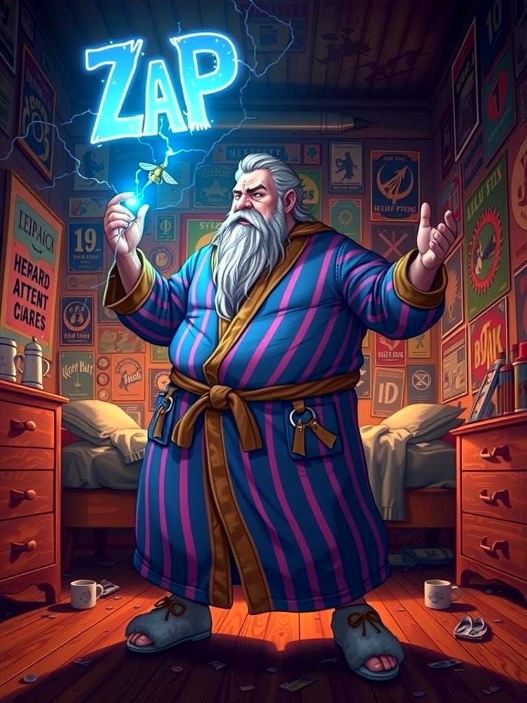 Cartoon Wizard Zaps Annoying Fly with Magic