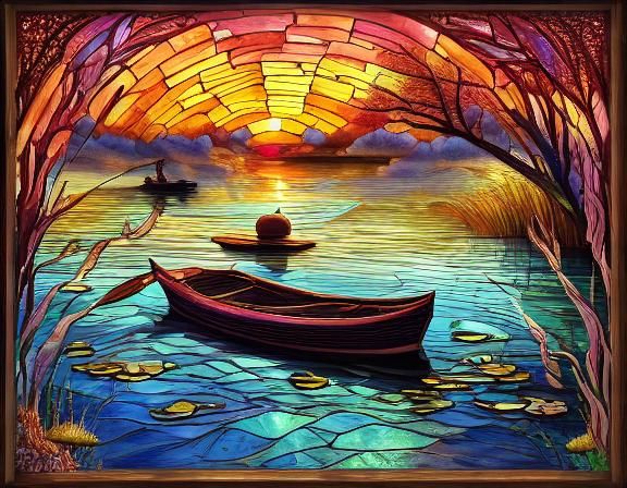 Cats by Pond in Stained Glass Style