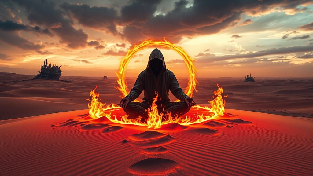 Mystical Desert Flames Erupt Surrounding Hooded Meditator