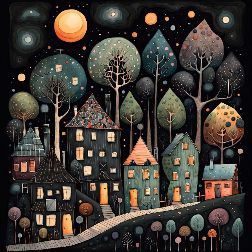 Houses With Stylized Trees in Gouache Watercolor