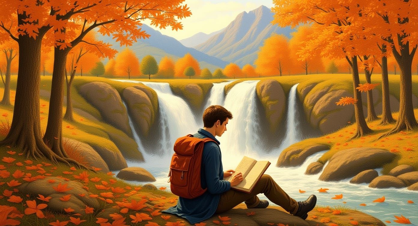 Traveler Sketches Autumn Cascade in Watercolor Style
