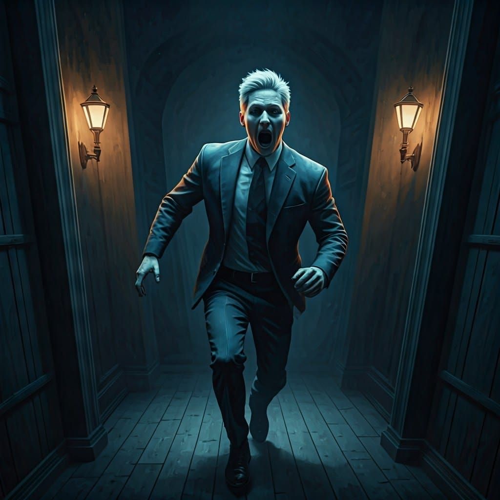 Man Chased by Kitten in Watercolor Horror Scene