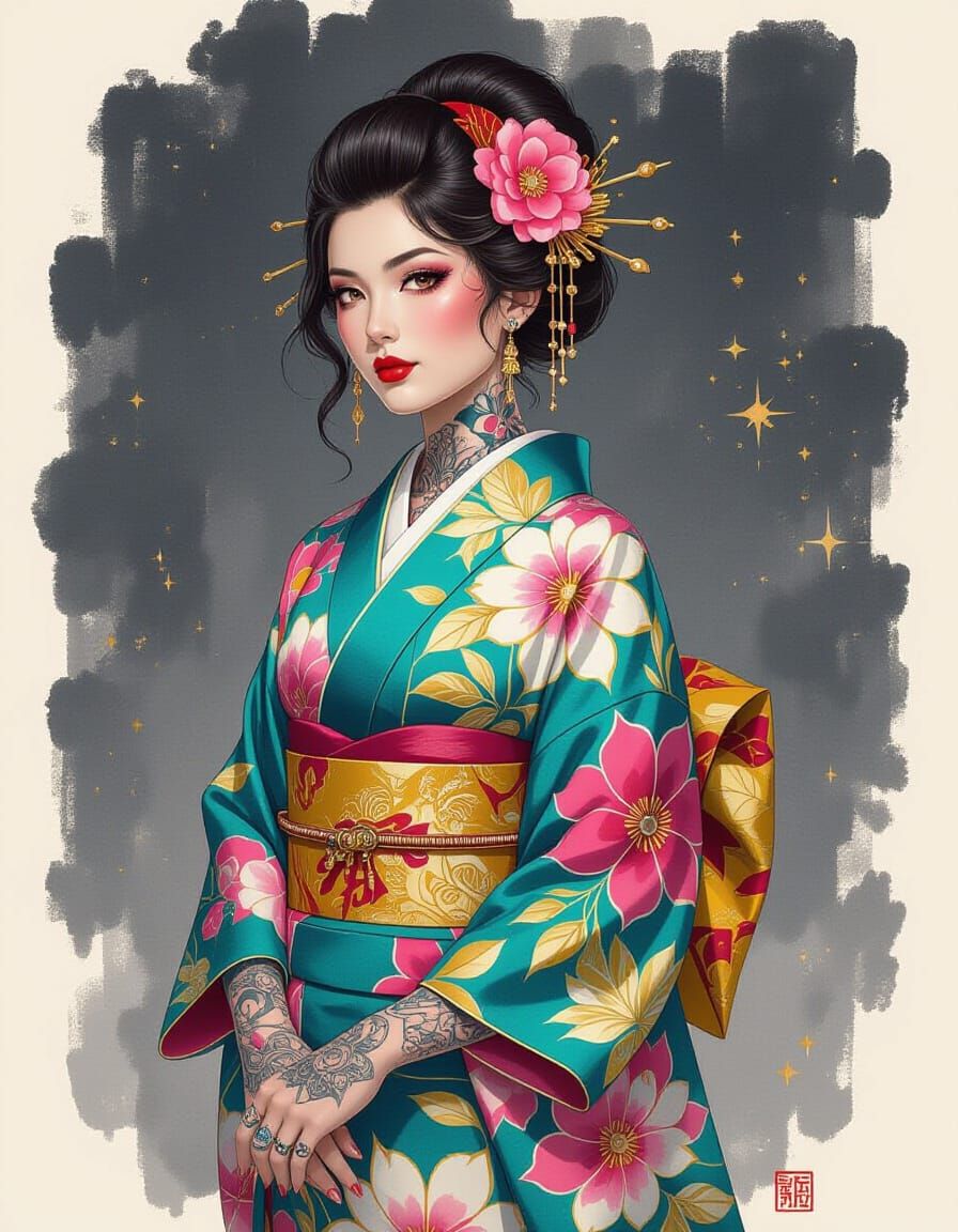 Woman in Electric Pattern Kimono With Floral Tattoos