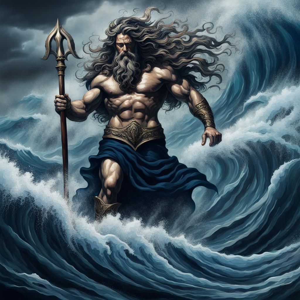 Menacing Poseidon Rising from Stormy Waves