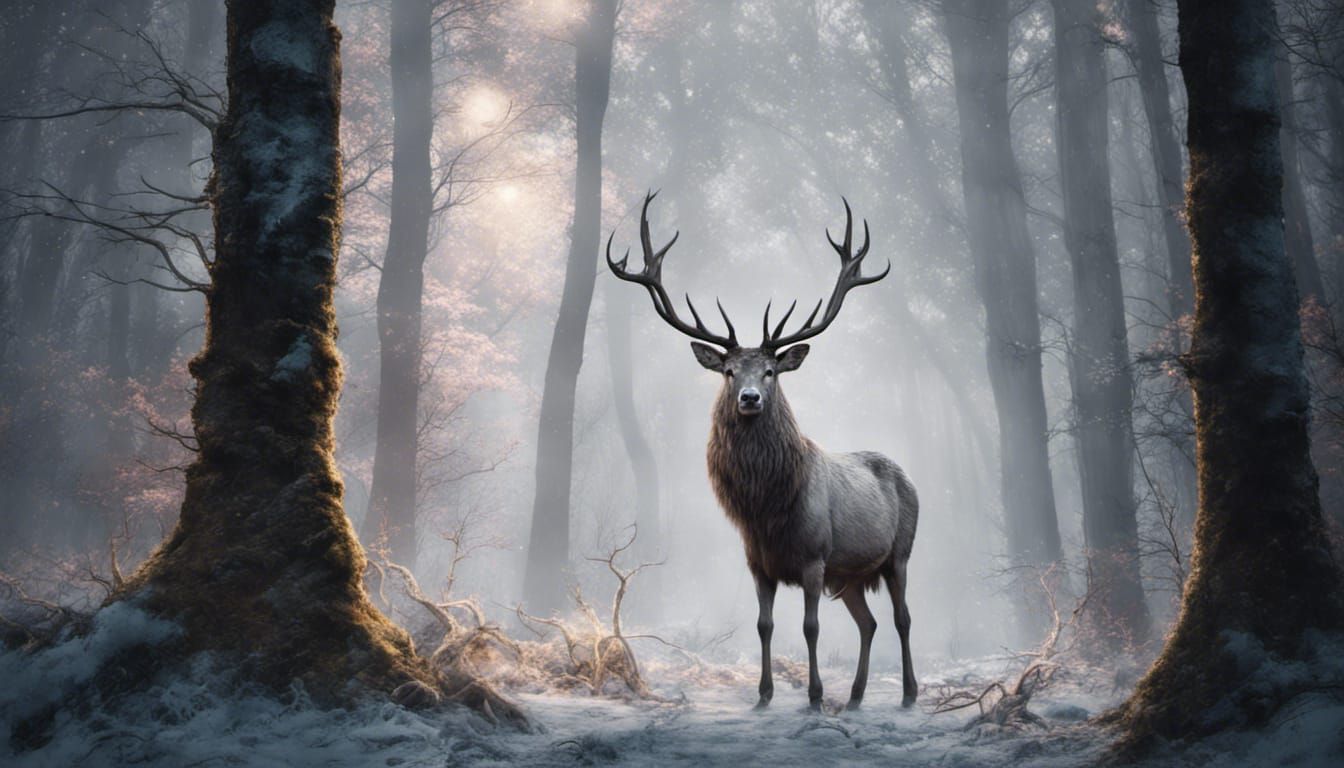 Majestic White Stag in Starry Brocéliande Forest
