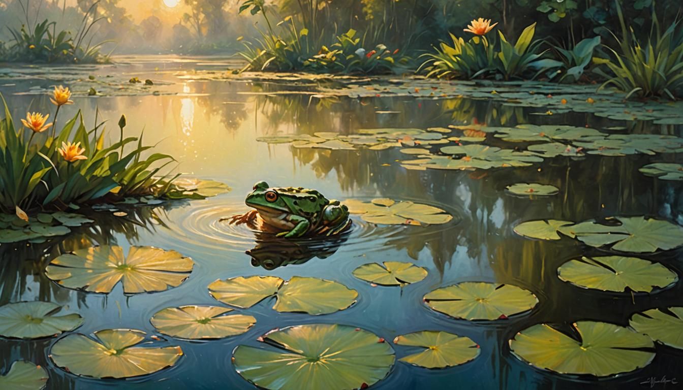 Joyful Frog Leaping in Golden Light, Impressionist Oil Paint...