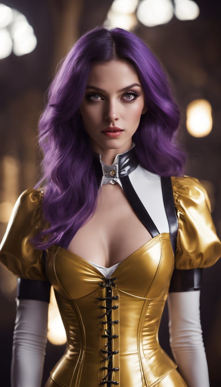 A woman stands confidently, showcasing a striking and polished aesthetic. The woman wears a fitted, rubber glossy black ...