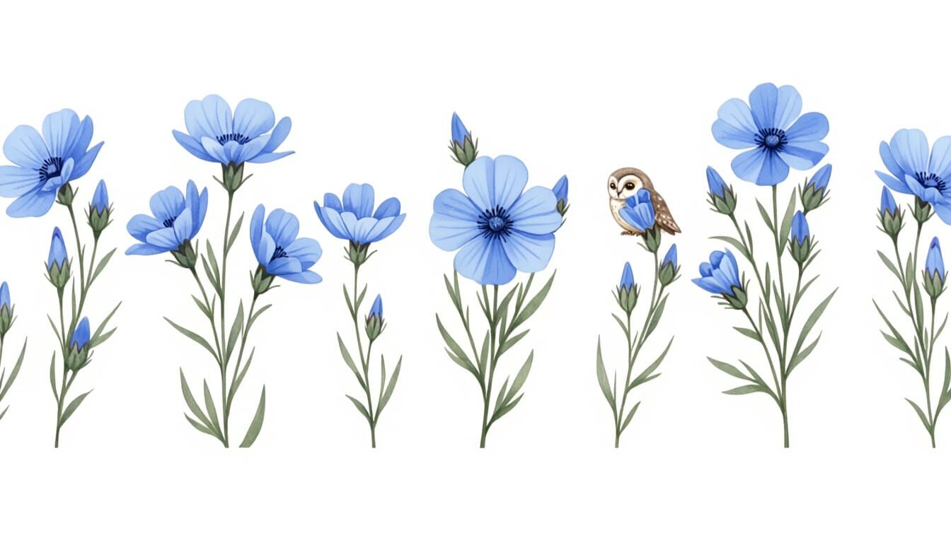 Blue Flax Flowers and Owl in Whimsical Style