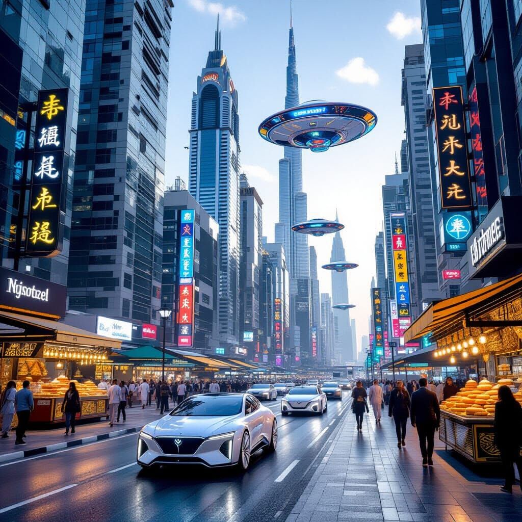 Futuristic Dubai Street Scene with Flying Cars