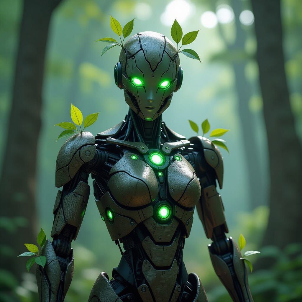 Nature-Fused Robot in Forest, Glowing Eyes, Photorealistic