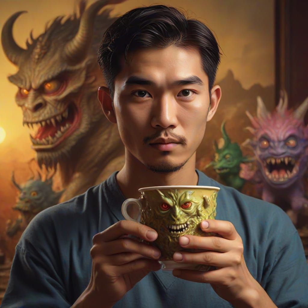 Surreal Man Holds Cup of Monsters: Oil Painting