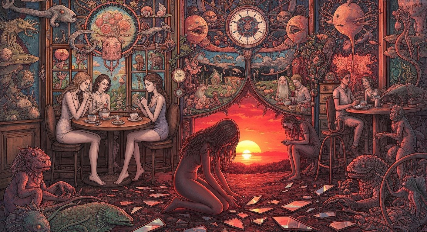 Surreal Cafe Scene with Time Travelers, in Bosch Style