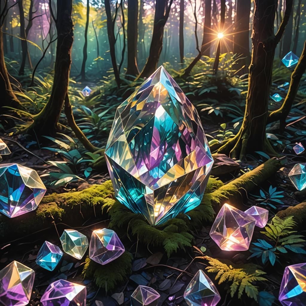 Glowing Crystal Prism in Mystical Forest