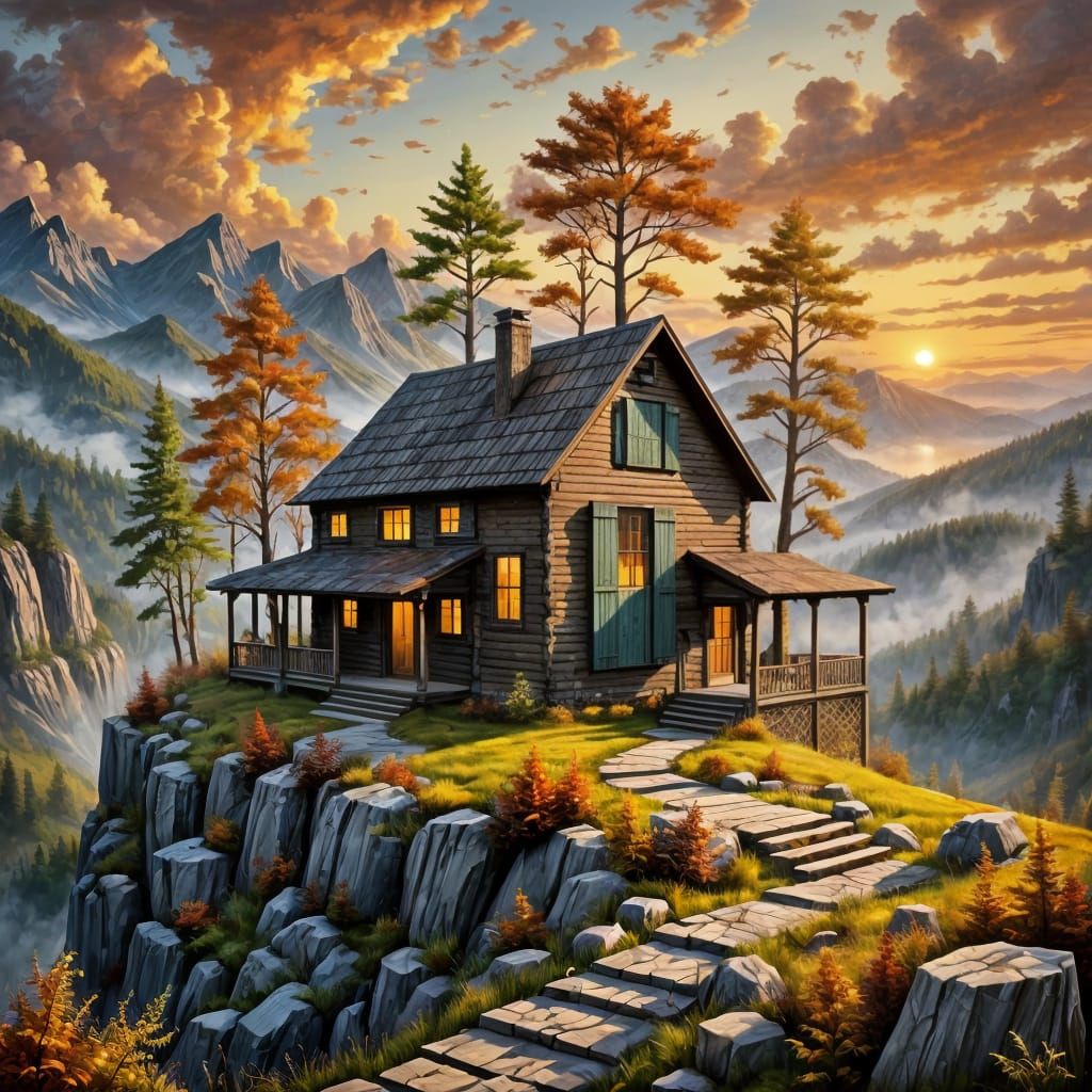 Rustic Cabin at Sunset in Mountain Landscape