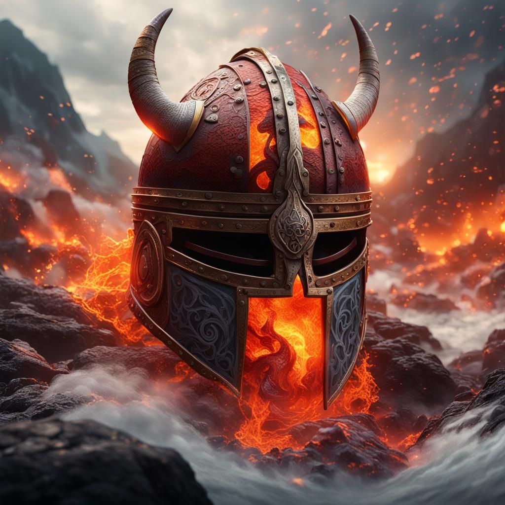 Viking Helmet Magma Double Exposure in Detailed Matte Painti...