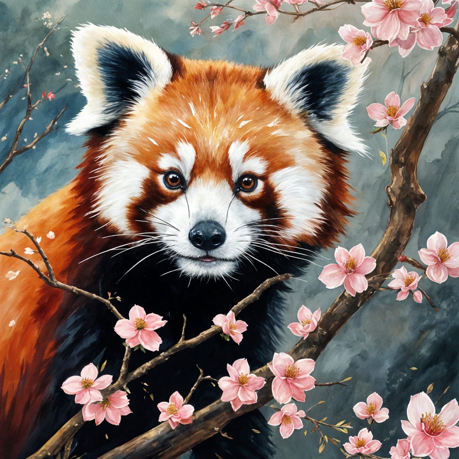 Red Panda in Ornate Hanfu: Misty Chinese Landscape