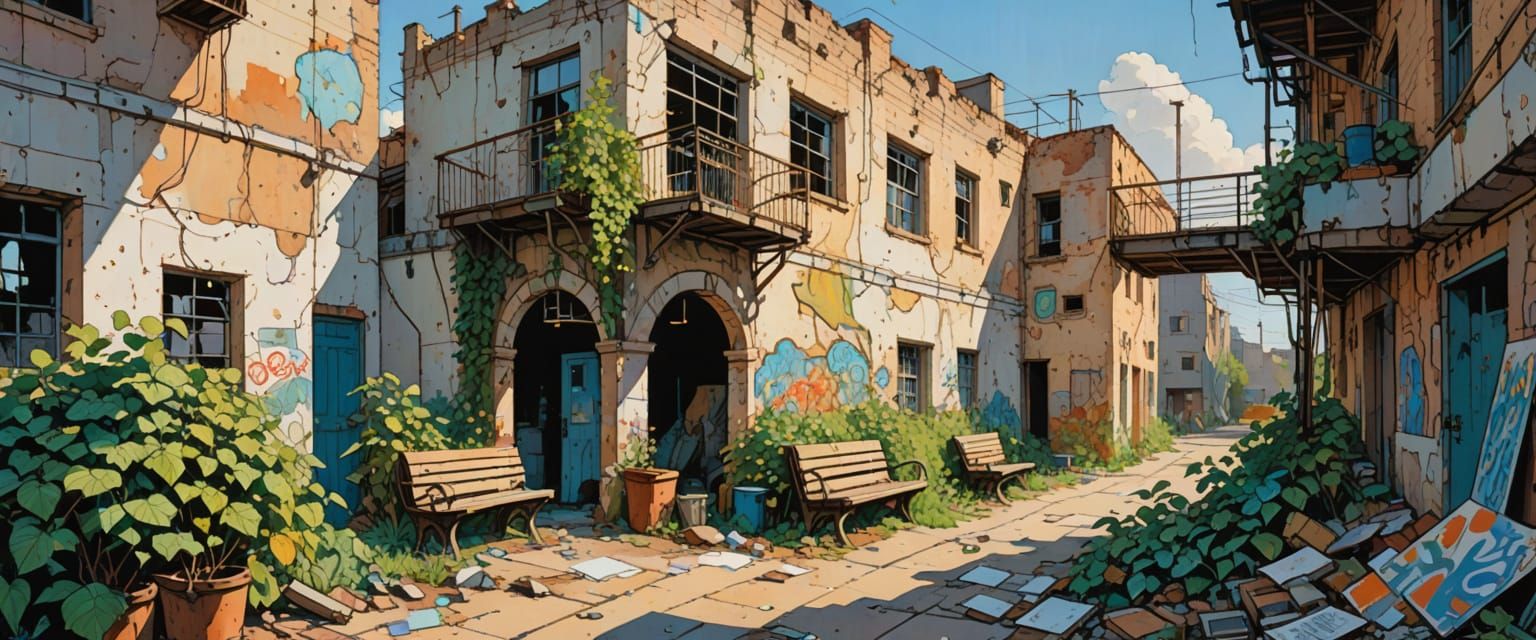 Comic Style Watercolor of an Abandoned Factory with Graffiti...