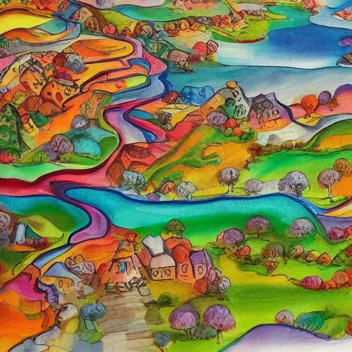 Vibrant Candyland Landscape as Gouache Painting