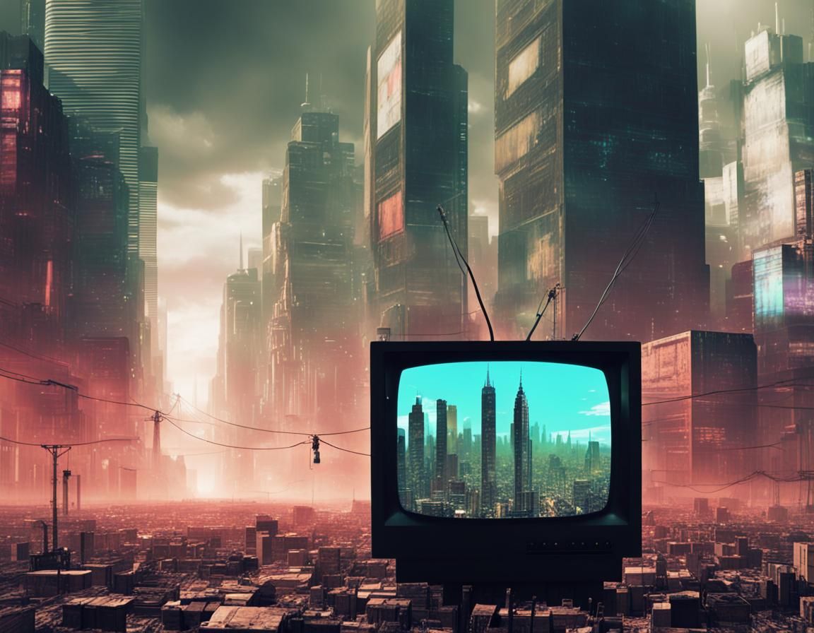 Glitch Art Post-Apocalyptic Cityscape on CRT TV