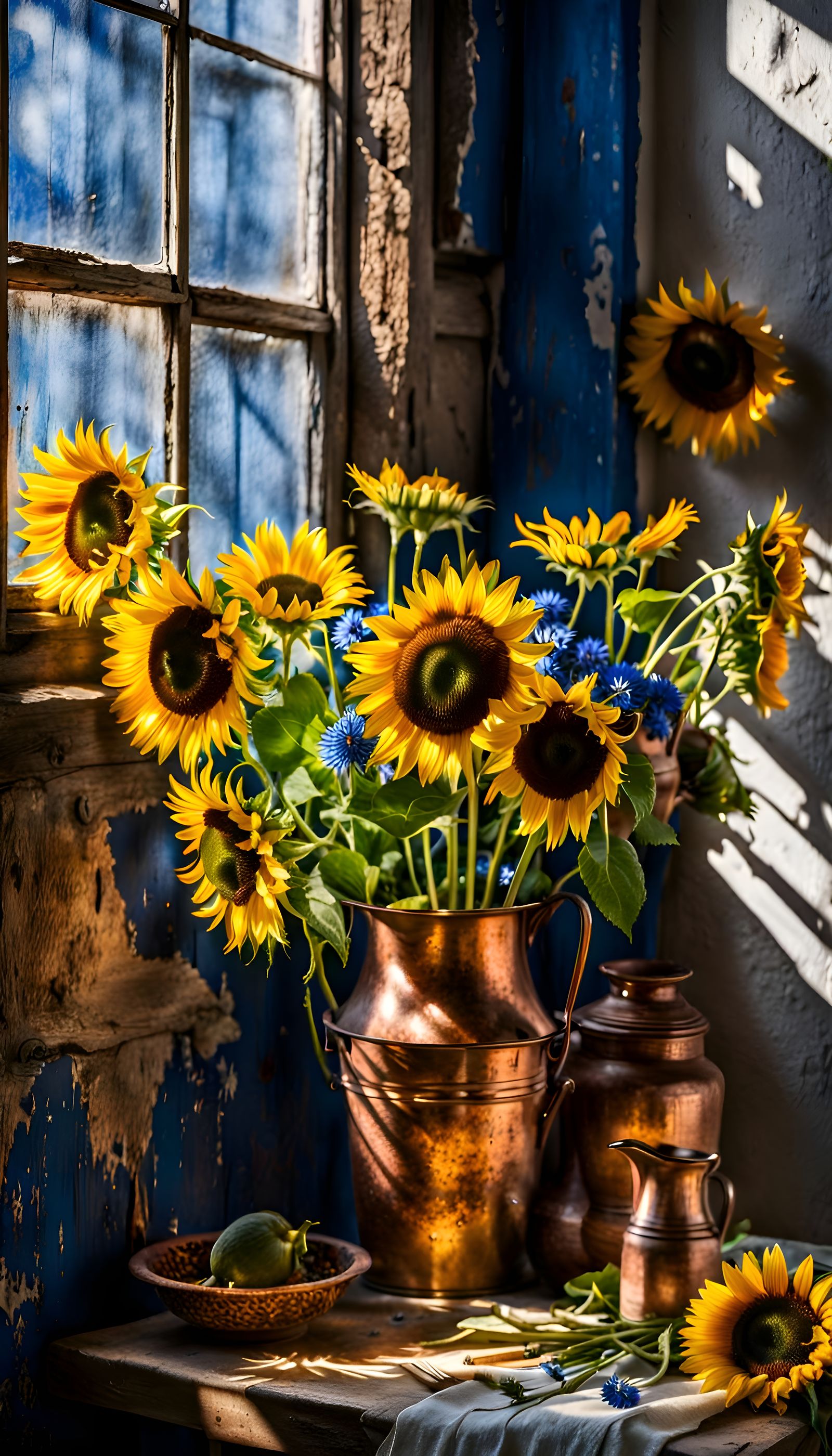 Sunflowers and Delft Blue Flowers on Butcher Table