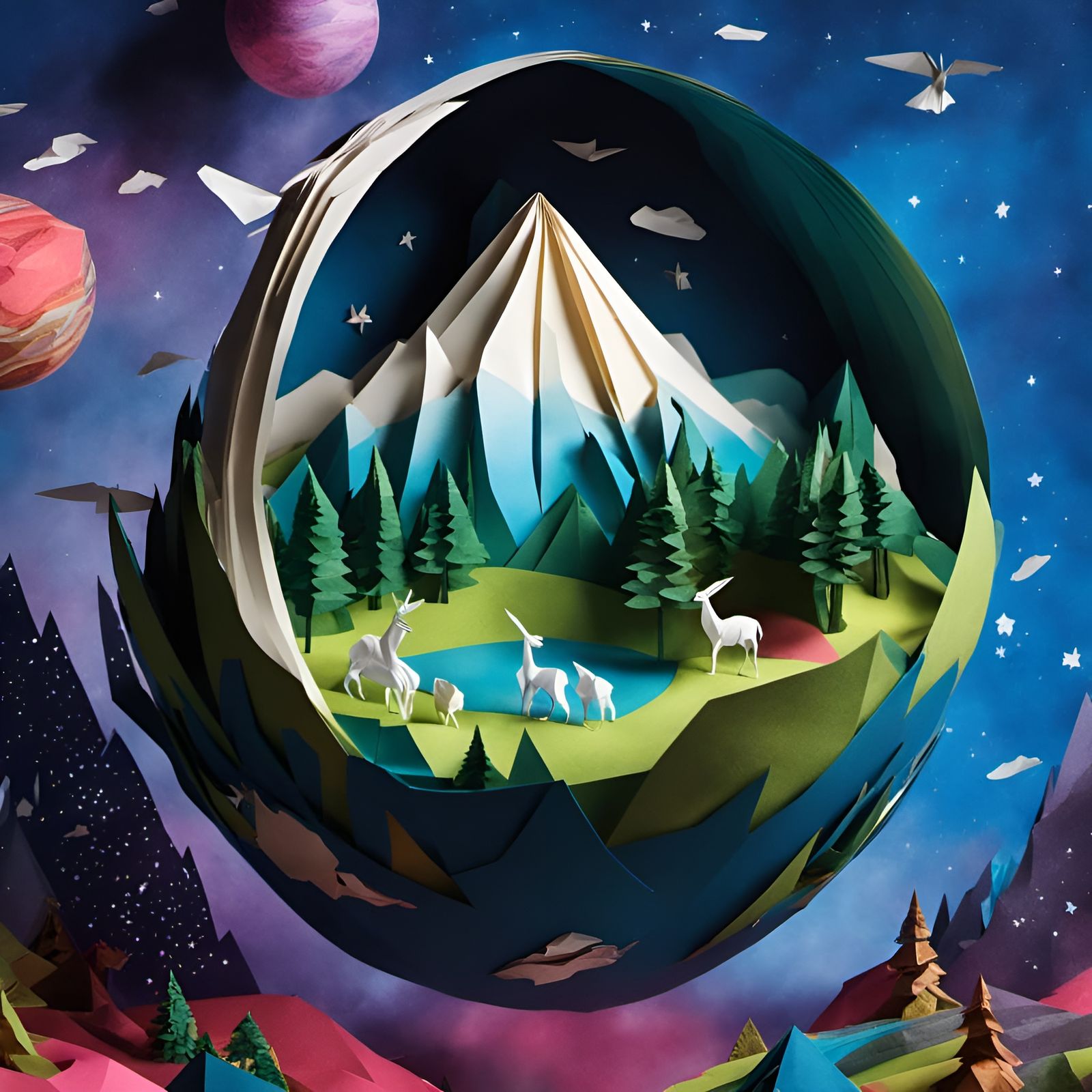 Vibrant Paper Mountain Landscape in Space